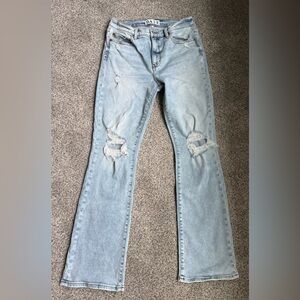 Blue Flare Wide Leg Jeans with Distressed Details